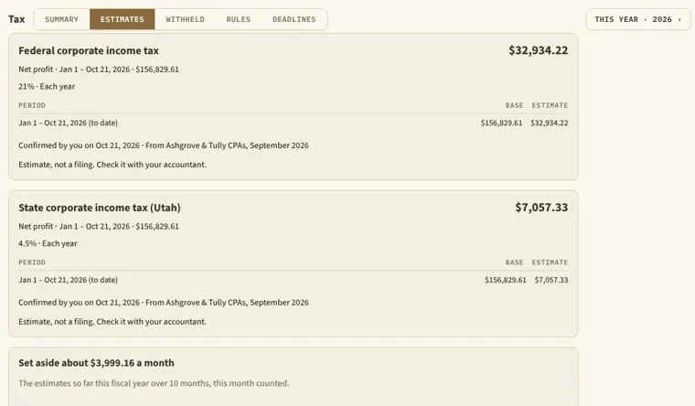 Tax estimates worked out from the rates entered